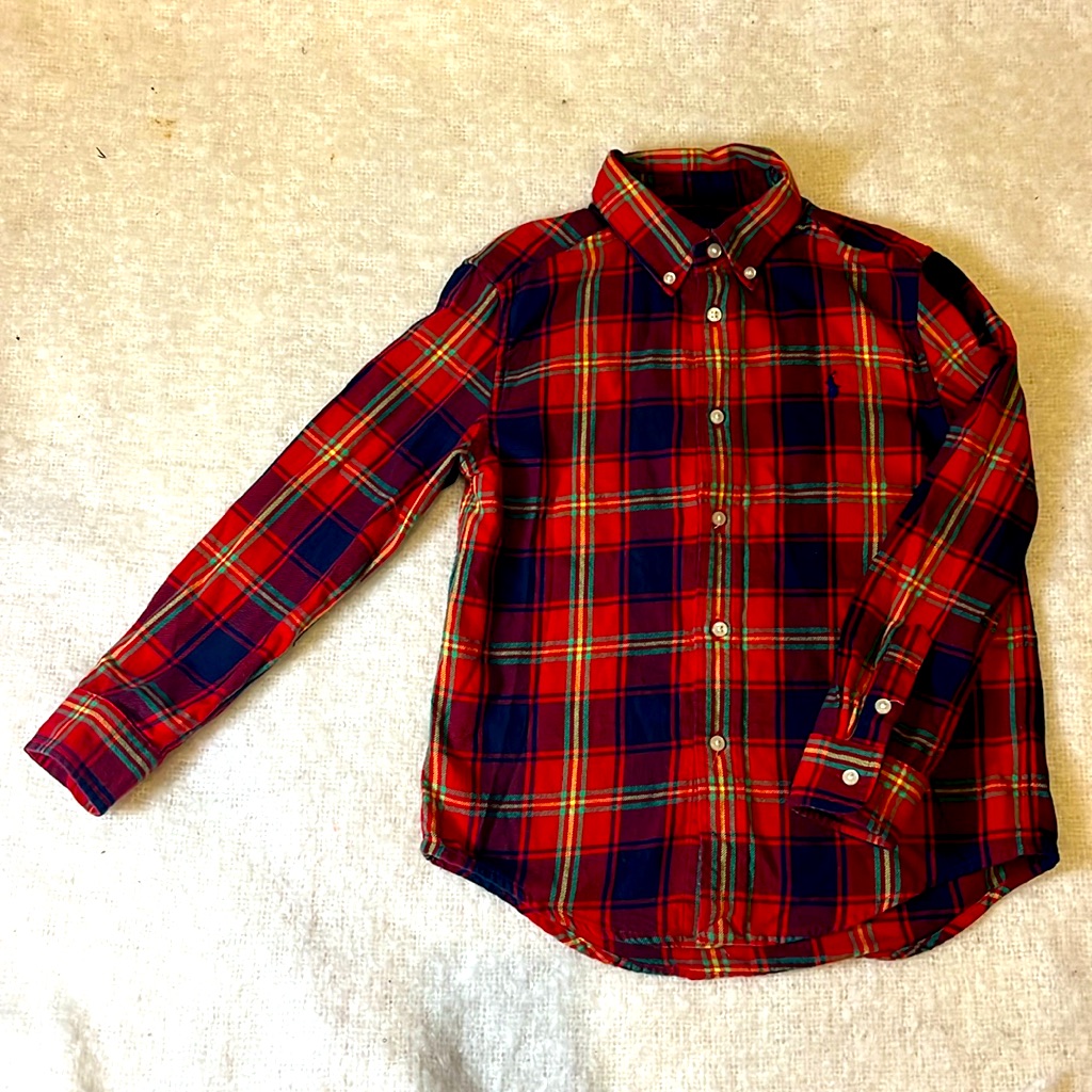 Ralph Lauren Boys Red And Navy Plaid Button Down Shirt Size 6 Great Condition